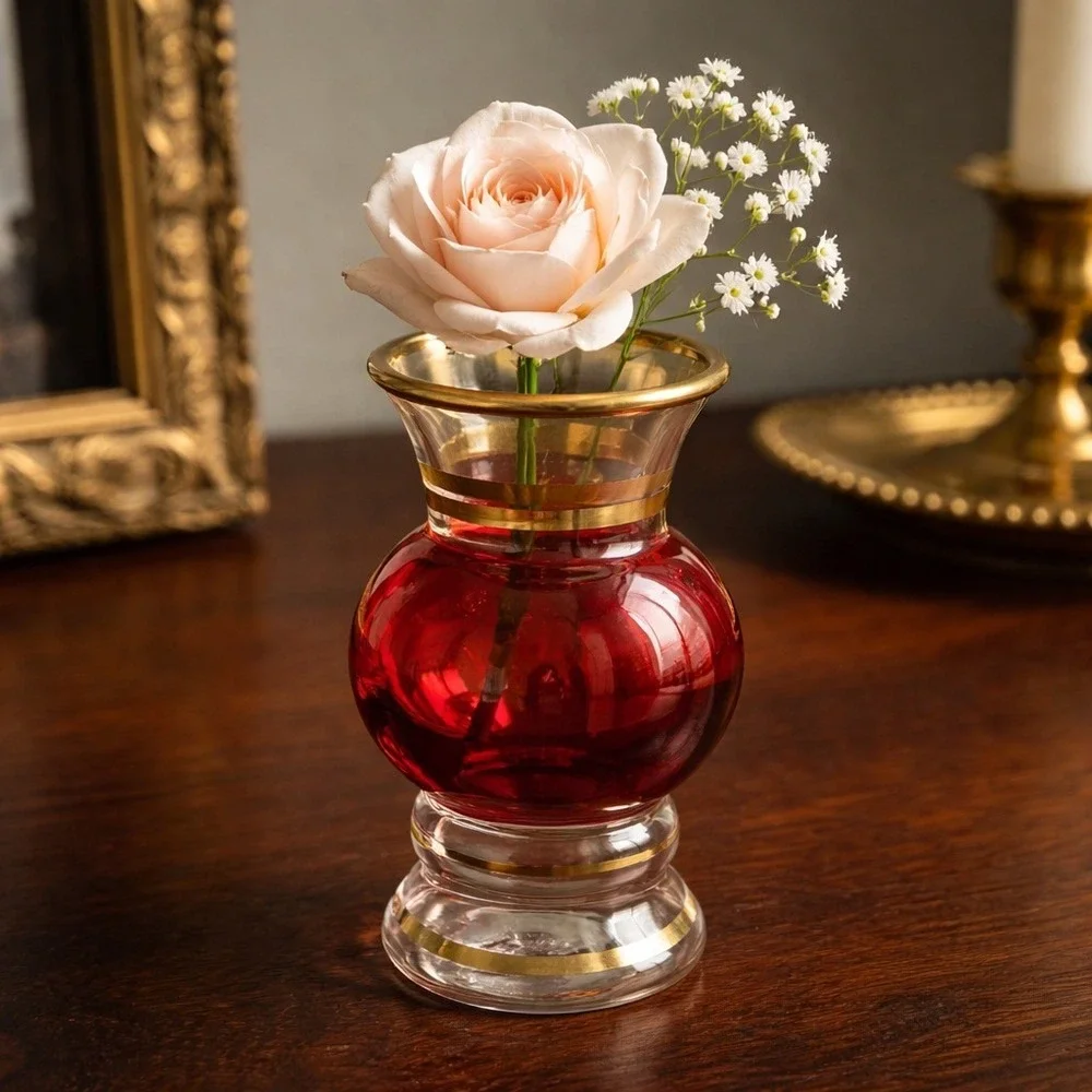 Vintage Cranberry Glass Bud Vase Gold Rim Small‎ Boho Decor Hollywood Regency